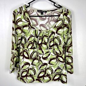 Y2K Womens Abstract Print Top Size S Green Brown White 3/4 Sleeve 90s